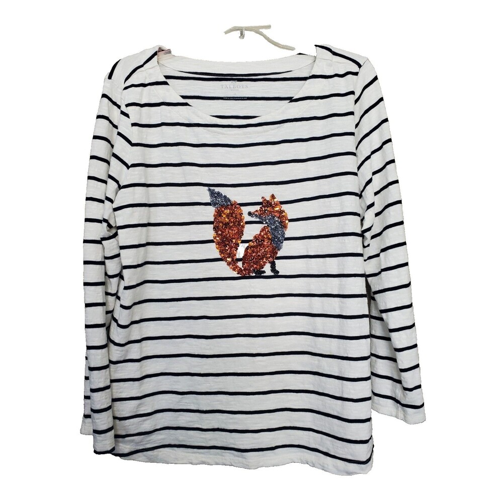 Talbots Woman Striped Cotton Slub Knit Sequined Fox Long Sleeve T-Shirt Size 1X